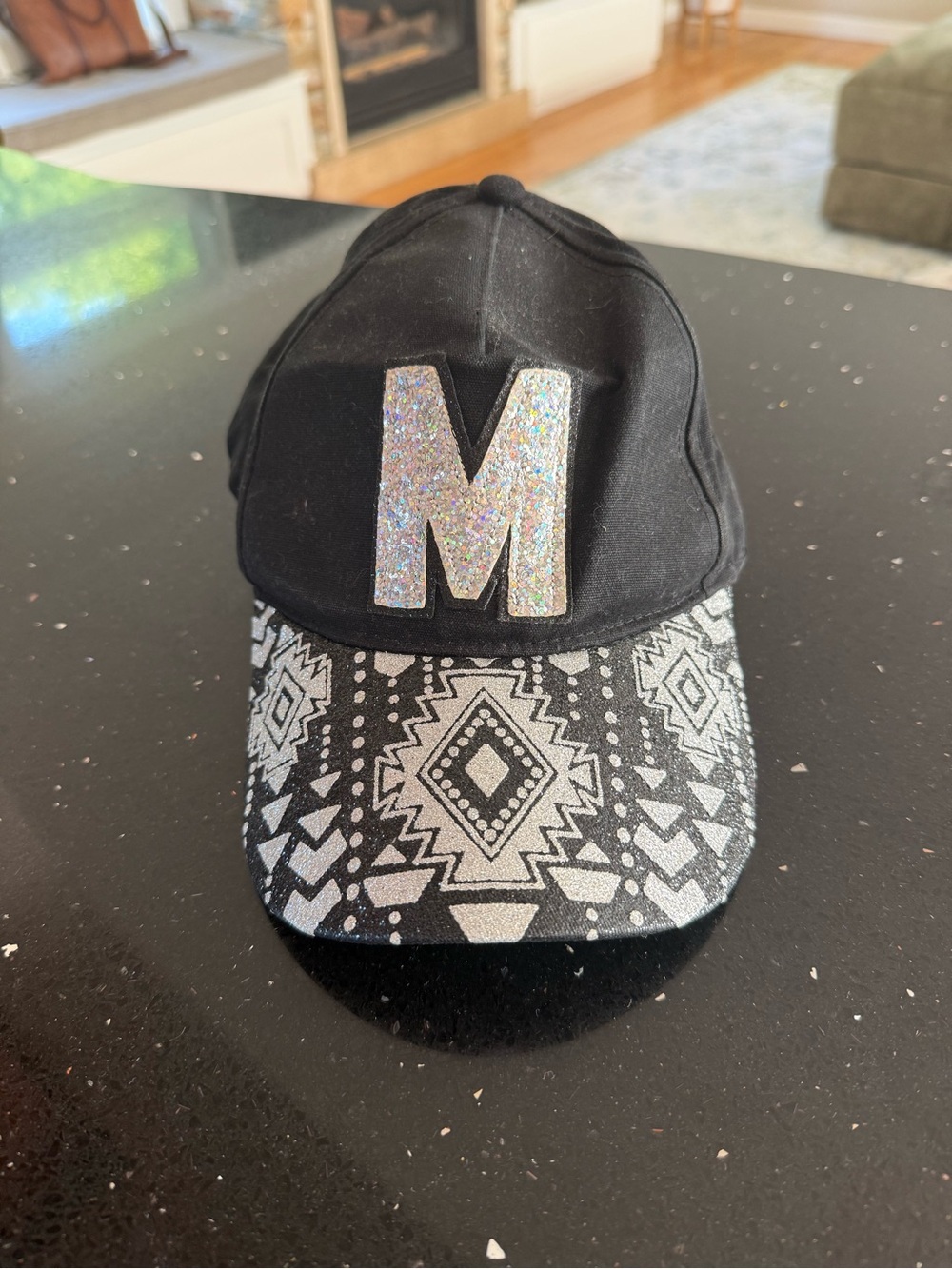 Justice Black Cap with Silver Glitter 'M' and Geometric Brim